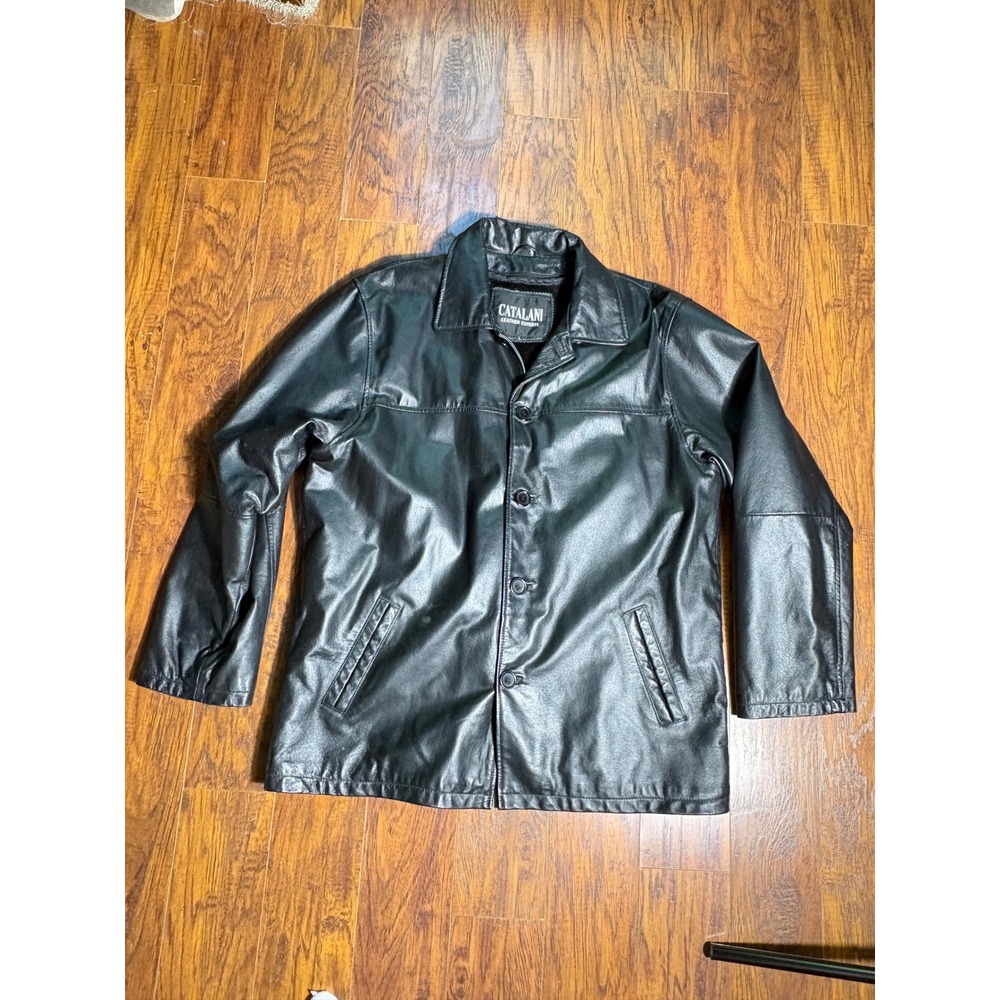 Vtg Mens  Large Black Leather Coat Button Front Jacket Lined Classic Minimlist